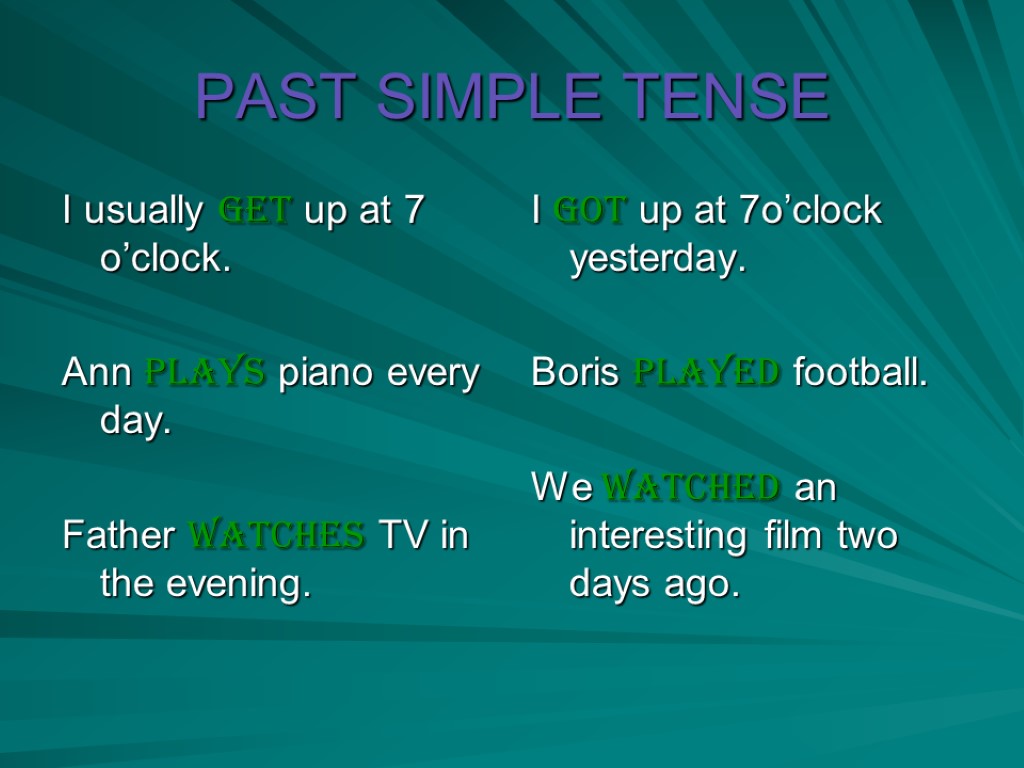 PAST SIMPLE TENSE I usually get up at 7 o’clock. Ann plays piano every